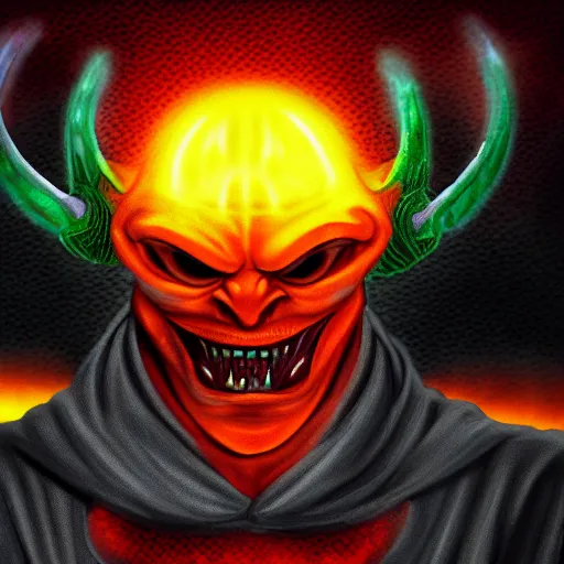 Prompt: a demon programmer using a laptop ~ evil smile ~ lava background ~ two horns ~