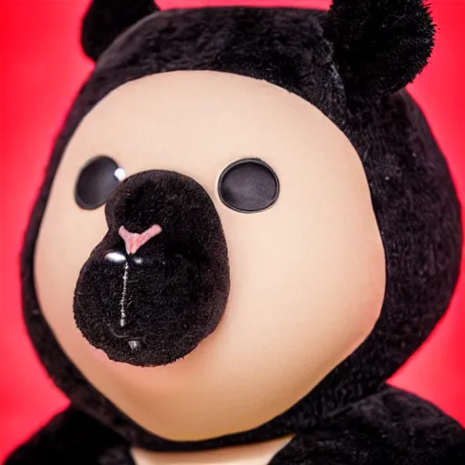 Prompt: black teddy bear with red eyes, face close up, realistic, highly detailed, studio photo, dark lighting