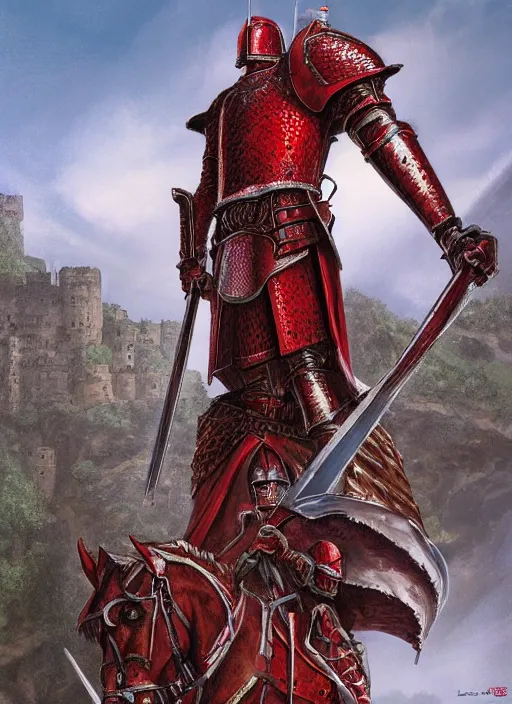 Image similar to A single Red Knight standing guard over the castle's gate, fantasy, artstation, highly detailed, 4k, digital painting, portrait by Larry Elmore