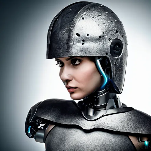 Prompt: portrait photo of a beautiful female cyborg. stone helmet. granite suit. black/white grainy
