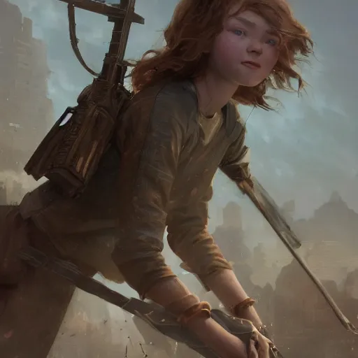 Image similar to a highly detailed epic cinematic concept art CG render digital painting artwork: teenage Sadie Sink in action. By Greg Rutkowski, Ilya Kuvshinov, WLOP, Stanley Artgerm Lau, Ruan Jia and Fenghua Zhong, trending on ArtStation, subtle muted cinematic colors, made in Maya, Blender and Photoshop, octane render, excellent composition, cinematic atmosphere, dynamic dramatic cinematic lighting, precise correct anatomy, aesthetic, very inspirational, arthouse