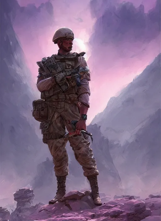 Image similar to purple lighting, detailed character concept illustration, strong muscular mature soldier in a soldier uniform, desert with city in the background, sharp focus, illustration, highly detailed, digital painting, concept art, matte, art by wlop and artgerm and greg rutkowski, masterpiece