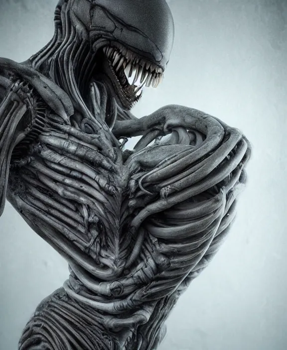 Image similar to xenomorph hugging pale sad beauty merging, dark mist colors, giger background liminal void, digital art, cinematic lighting, realistic, award winning photograph, various refining methods, micro macro autofocus