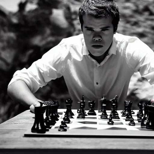 Magnus Carlsen punching Hikaru Nakamura during a chess, Stable Diffusion