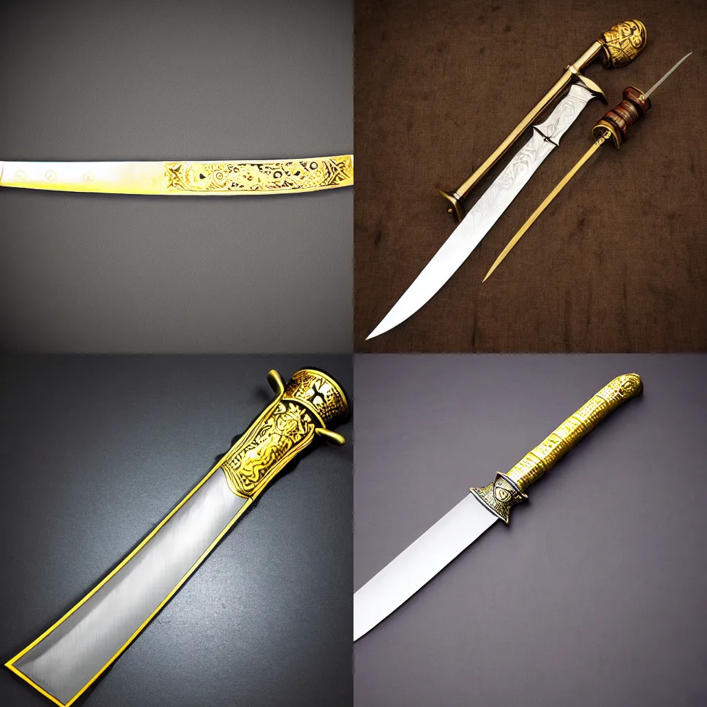 Prompt: etched stainless steel decorative sword with gold hilt, dynamic lighting, photography