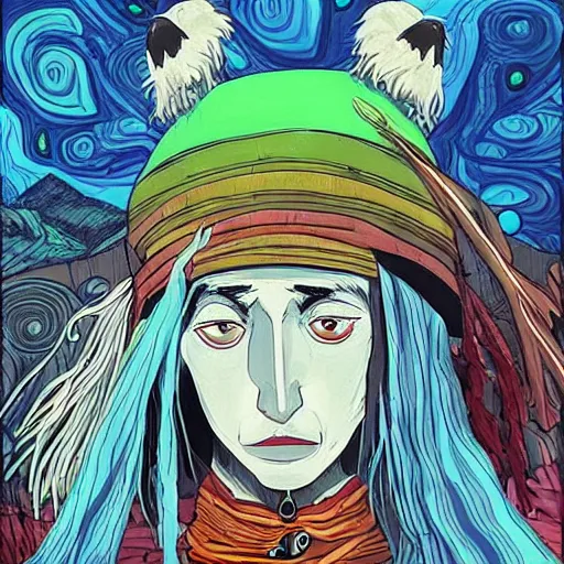 Image similar to “John Depp, portrait!!! Mononoke-hime style, cartoon, blue sky with white clouds green hills and mountains on the background, fantasy, photorealistic, concept Art, ultra detailed portrait, 4k resolution”