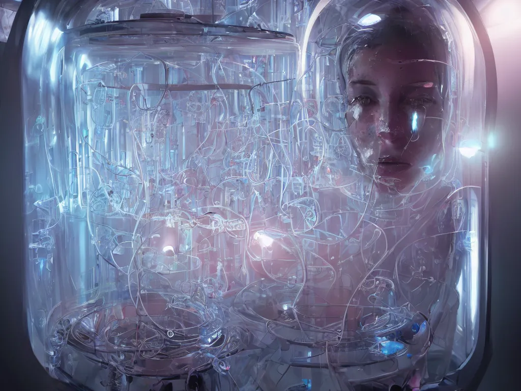 Prompt: detailed portrait very beautiful cyborg transparent glossy glass skin surrounded glowing tubes inside an incubator futuristic hospital bio lab, intricate rendered by beeple, by syd meade, by android jones, by yoanne lossel, by artgerm and greg rutkowski, space art concept, sci - fi, digital art, unreal engine, wlop, trending artstation, sharp focus