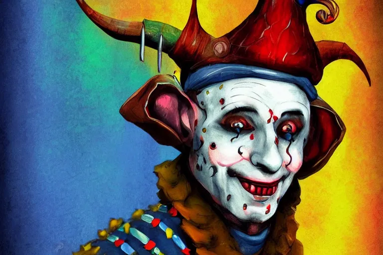 Image similar to medieval jester, colorful, sinister, digital art, painting, portrait,