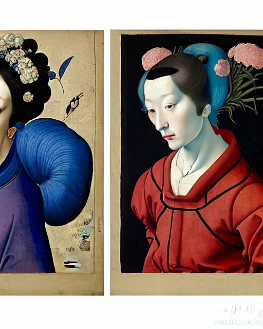 Image similar to portrait of a woman with blue hair buns, wearing a black suit, walking in a street full of plants, flowers and people, intricate details, high detail, in the style of rogier van der weyden and jacopo da pontormo, punk, asian art, masterpiece