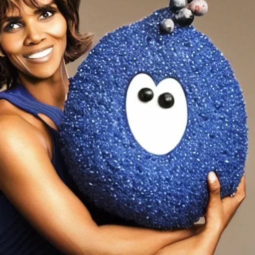 Image similar to an anthropomorphic blueberry with the face of halle berry