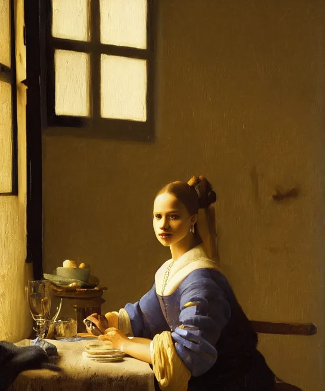 Prompt: a highly detailed, beautifully lit portrait of a pretty, young alicia jessica vikander alba sitting at a table by an open window, oil painting portrait by vermeer