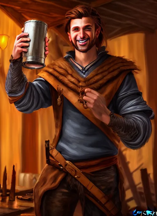 Image similar to An epic fantasy comic book style portrait painting of a handsome young man with brown wavey hair, wearing thief clothing in a tavern and smiling with a wooden tankard in hand, unreal 5, DAZ, hyperrealistic, octane render, cosplay, RPG portrait, dynamic lighting