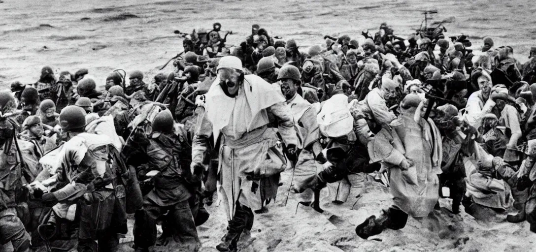 Image similar to the pope storming omaha beach during ww ii