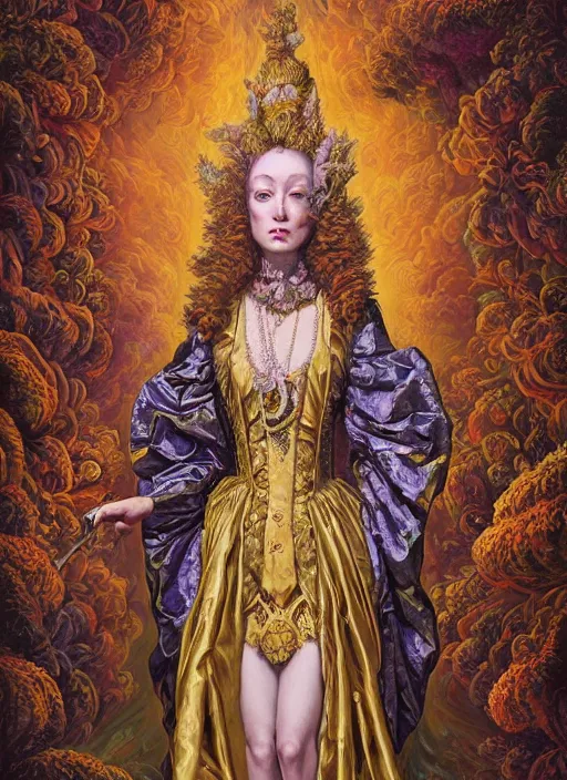 Prompt: beautiful oil painting, full length portrait of dauphinois in rococo coronation robes 1701, Dan Mumford, Dan Mumford, Alex grey, highly detailed , lsd visuals, dmt fractal patterns, hallucinogen, visionary art, psychedelic art, ornate, vaporwave, baroque, Greg rutkowski