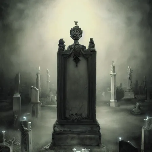 Image similar to By Tom Bagshaw and Boris Vallejo, ultra realist soft painting of a cemetery by night, centered fading Muerte fully dressed, horror, omnious sky, symmetry accurate features, very intricate details, black and white, volumetric light clouds