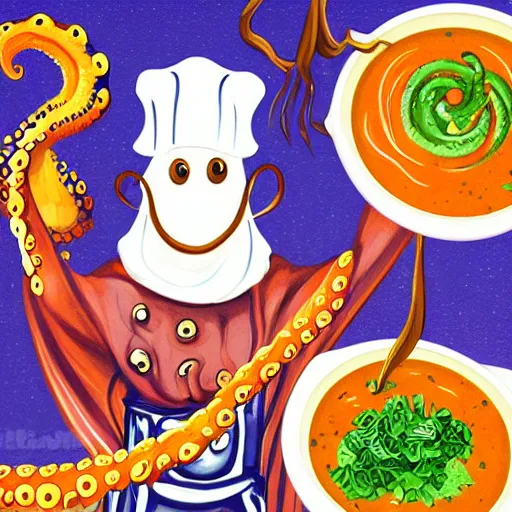 Image similar to occult anthropomorphic octopus chef cooking a delicious colorful soup, digital paintingl