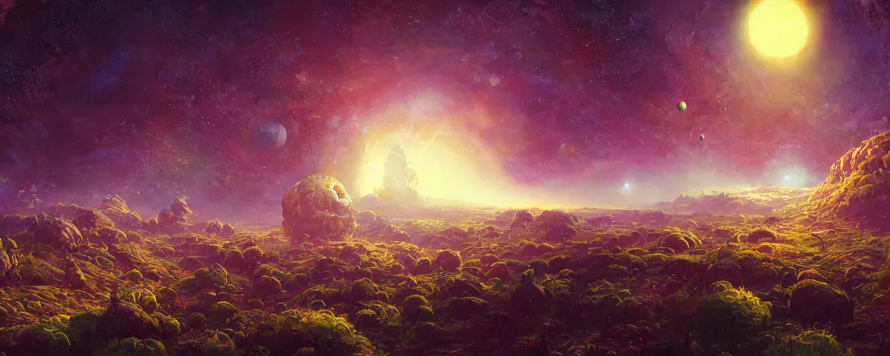 Image similar to ” outer planet landscape, [ cinematic, detailed, epic, widescreen, opening, establishing, mattepainting, photorealistic, realistic textures, octane render, art by paul lehr ] ”