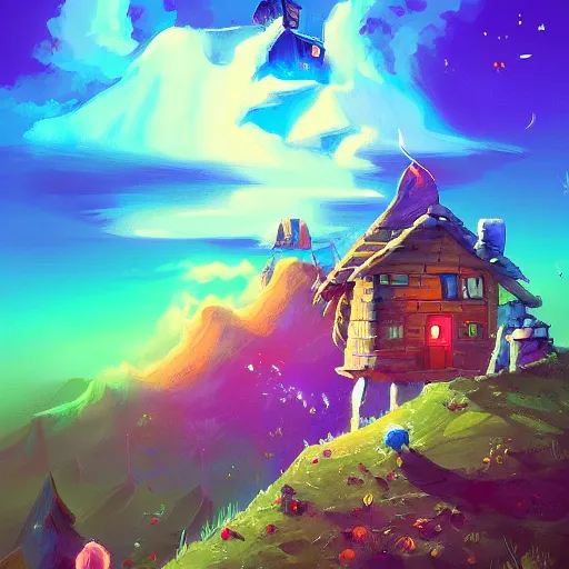 Image similar to beautiful 3 d painting of a colourful house on a hilltop at midnight with small fireflies flying around, breath of the wild, hyrule, inspired by cyril rolando, david wiesner, artstation, unreal engine