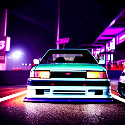 Image similar to a car JZX90 turbo at illegal car meet, Saitama prefecture, city midnight mist neon lights, cinematic color, photorealistic, highly detailed, 200MM