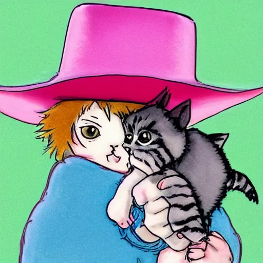 Image similar to baby kitten with a cowboy hat hugging a pink baby kitten, drawing by studio ghibli