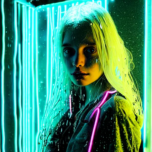 Image similar to portrait of a girl in the glowing neon rain with wet hair and face, fantasy, intricate, elegant, dramatic lighting, emotionally evoking symbolic metaphor, highly detailed, lifelike, photorealistic, digital painting, artstation, concept art, smooth, sharp focus, illustration, art by John Collier and Albert Aublet and Krenz Cushart and Artem Demura and Alphonse Mucha