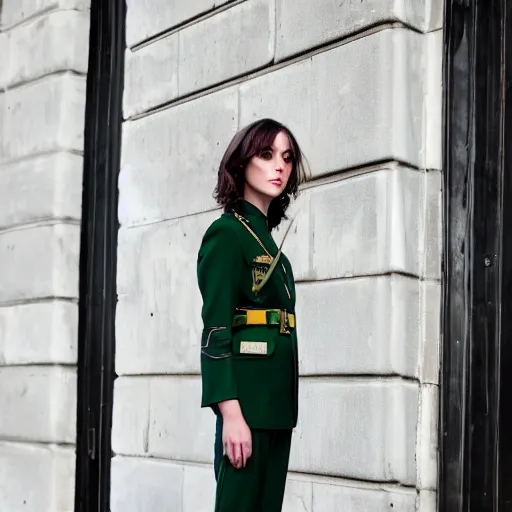 Prompt: brunette woman, short flip out hair, emerald eyes, black military uniform