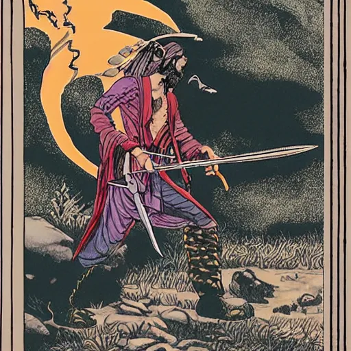 Prompt: Frank Zappa golden Vagabond magic swordsman glides through a beautiful battlefield magic the gathering dramatic esoteric!!!!!! pen and ink!!!!! illustrated in high detail!!!!!!!! by Hiroya Oku!!!!! Written by Wes Anderson graphic novel published on shonen jump 2002 award winning!!!!