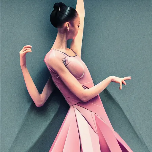 Image similar to 3 / 4 view of a ballerina girl wearing an origami dress, eye - level medium shot, elegant, by eiko ishioka, givenchy, by peter mohrbacher, centered, fresh colors, origami, fashion, detailed illustration, vogue, high depth of field, japanese, reallusion character creator