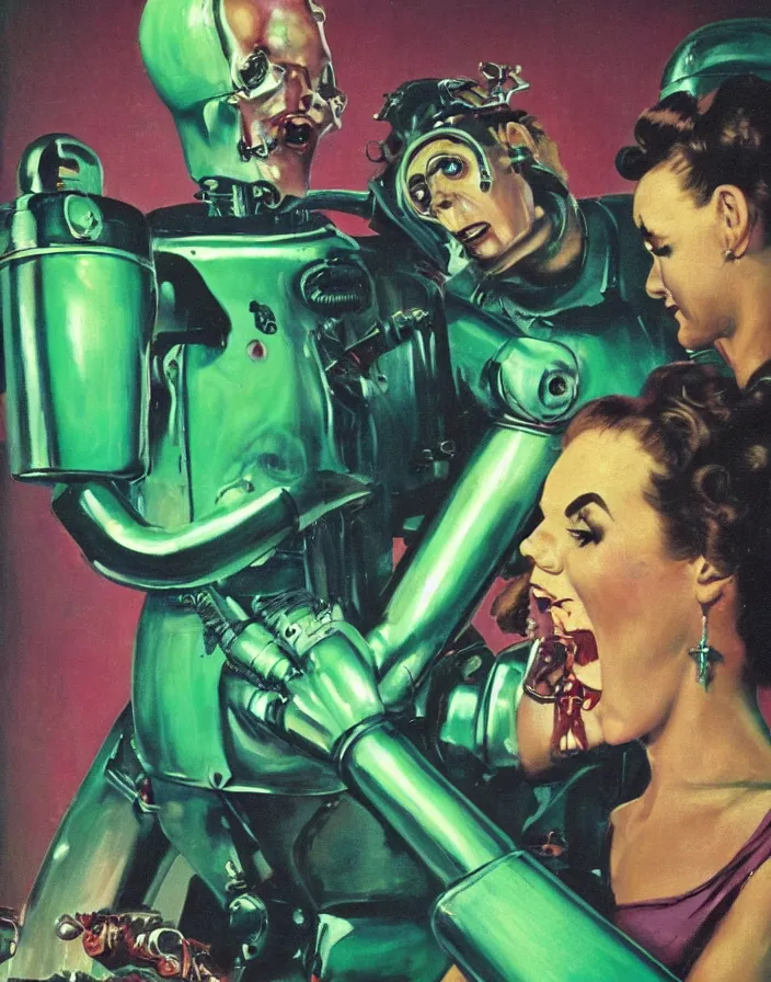 Prompt: a female housewife!!!! being hugged by a manly retro metal - suited!!! robot!!!!, 1 9 5 0 s horror film movie poster style, ( norman rockwell oil painting ), close - up, tight shot, retro science fiction, vintage, saturated pink and green lighting, shadowy lighting, cohesive!!!