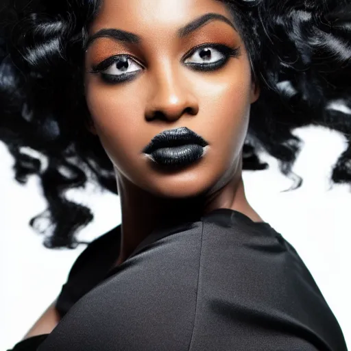 Prompt: Close up of a beautiful black female fashion model with huge hair wearing an edgy black dress in room of mirrors, photography ,vogue magazine editorial , highly detailed