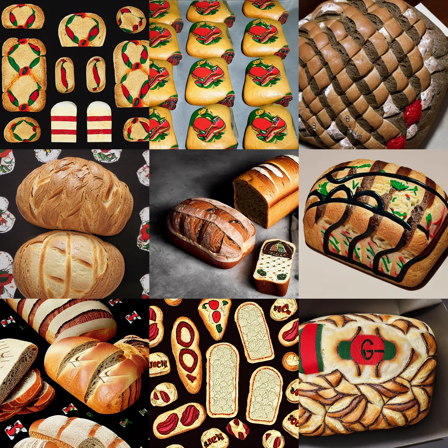 Prompt: gucci bread, bread designed by gucci, bread with gucci pattern, explosions in the background