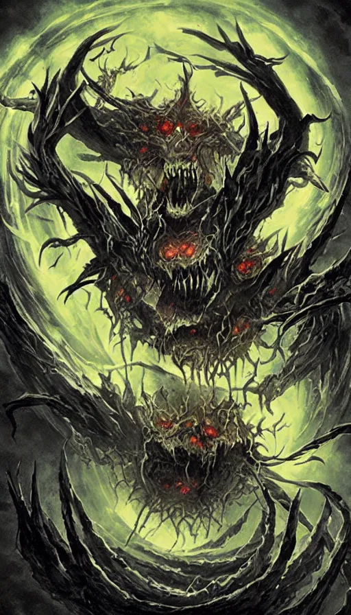 Image similar to a storm vortex made of many demonic eyes and teeth, from magic the gathering