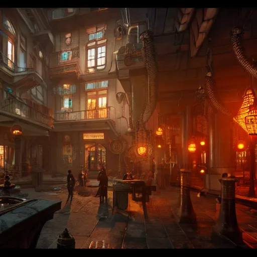 Image similar to inside an etheral steampunk city, highly detailed, 4k, HDR, award-winning, octane render, trending on artstation, volumetric lighting