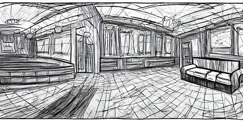 Image similar to a dimly lit, theater dressing room, with a mirror, a chair, a couch, day of the tentacle style, drawn by Peter Chan, 5 point perspective