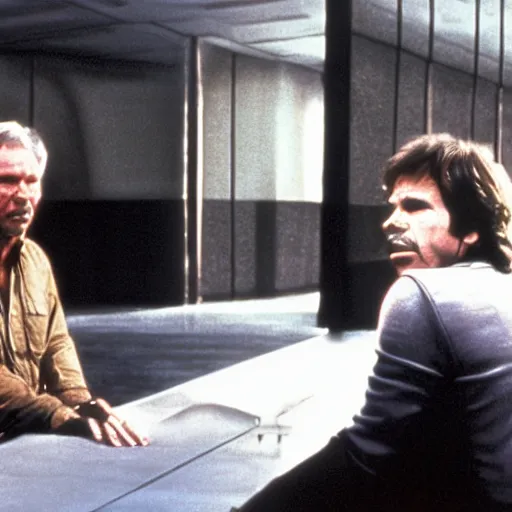 Image similar to movie still, 1 9 8 0 s, harrison ford and john carpenter talking, sci - fi corridor in the background, photorealistic, hyperdetailed, by ridley scott and john carpenter, blue leds