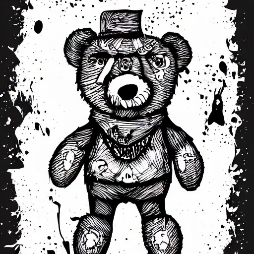 Prompt: dark art grunge cartoon vector sketch of a teddy bear with bloody eyes by - mrrevenge instagram, loony toons style, horror theme, detailed, elegant, intricate