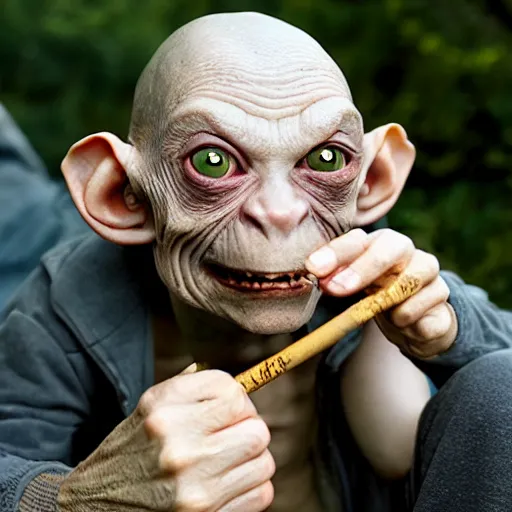 Image similar to gollum with cigarette selfie