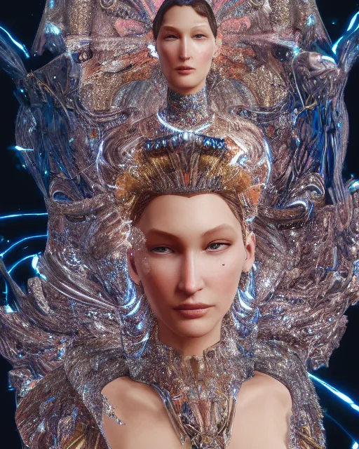 Prompt: a highly detailed metahuman 4 k close up render of bella hadid renaissance in iris van herpen dress schiaparelli in diamonds crystals swarovski and jewelry iridescent in style of alphonse mucha gustav klimt trending on artstation made in unreal engine 4