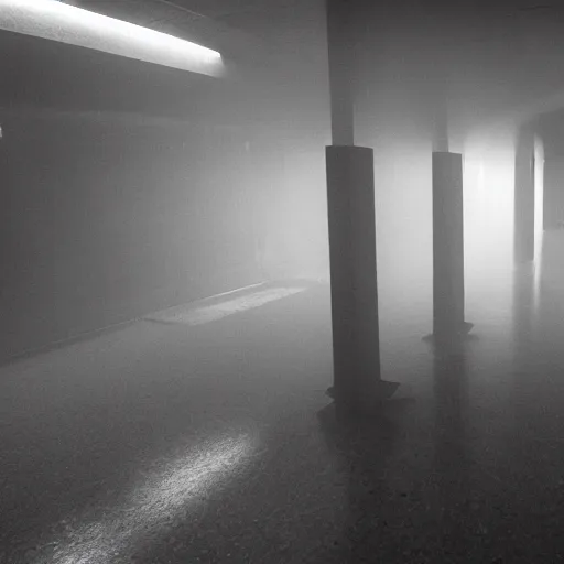Image similar to the eerie halls of the scp foundation, unnerving mist, creatures lurking everywhere, frightening, liminal