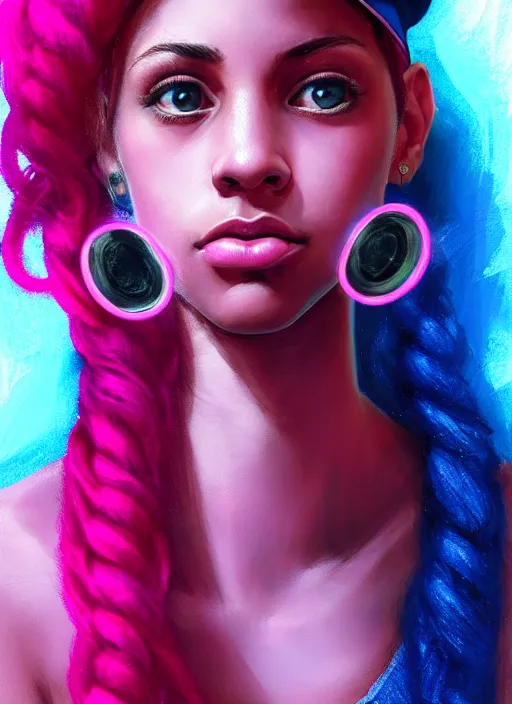 Image similar to portrait of teenage vanessa morgan with bright pink hair, black girl, curly pixie cut hair, wearing newsboy cap, pink short haircut, newsboy cap, hoop earrings, blue eyes, intricate, elegant, glowing lights, highly detailed, digital painting, artstation, concept art, smooth, sharp focus, illustration, art by wlop, mars ravelo and greg rutkowski