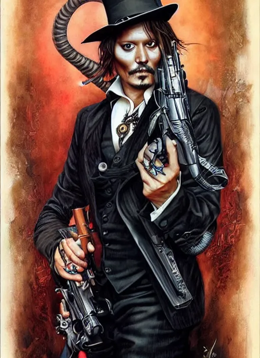 Image similar to johnny depp play james bond film by james jean, karol bak, manuel sanjulian