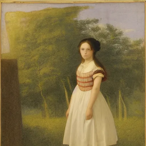 Prompt: Computer art. A young girl stands in the center of the frame, looking off to the side. She wears a school uniform with a short skirt and a striped shirt. The background is a vivid, with wavy lines running through it. soft shadow by Maria Sibylla Merian, by Henri Fantin-Latour washed-out