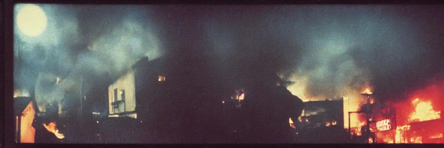 Prompt: 8 0 s polaroid photo, cinema still from david lynch movie, sleazy man watching night streets while a house burns in the background, colorful haze, americana, high production value, 8 k resolution, hyperrealistic, hdr, photorealistic, high definition, high details, tehnicolor, award - winning photography, masterpiece, amazing colors