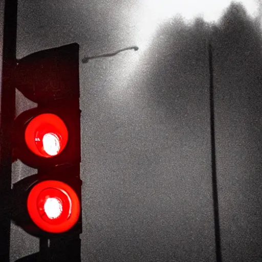 Prompt: A stunningly beautiful award-winning 8K high angle close up cinematic movie photograph of a red stop light in a spooky foggy empty lightless moonlit main intersection in an abandoned 1950s small town at night, by David Fincher and Darius Khonji. perfect composition, shot from roofline, moody low key backlit. Color palette from Seven, greens yellows and reds. 2 point perspective, high angle from 15 feet off the ground. Octane render