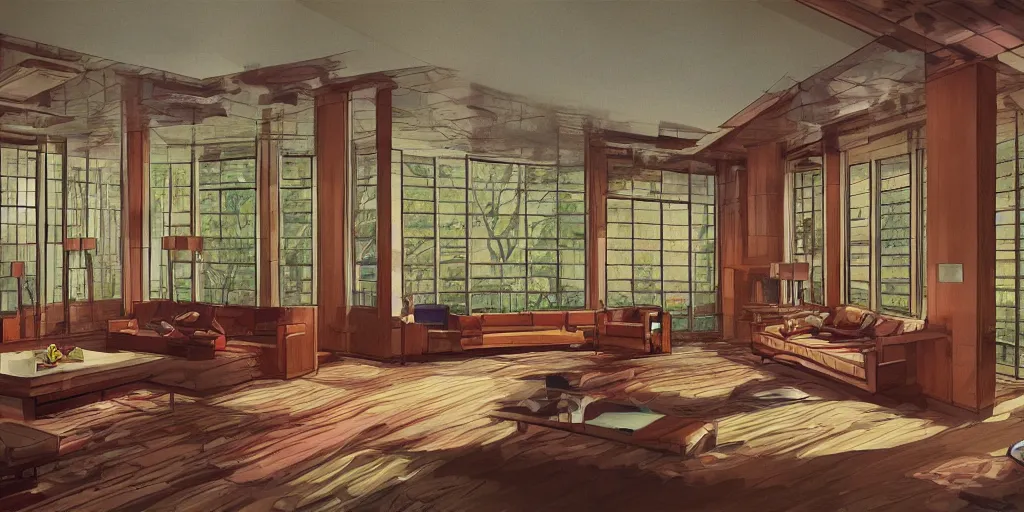 Prompt: nicely furnished living room of insanely wealth man's frank lloyd wright style mansion, large windows letting in a lot of natural light, maine forest outside, game concept art, steven king, 1980s, retro, highly detailed, artstation, wide angle lens