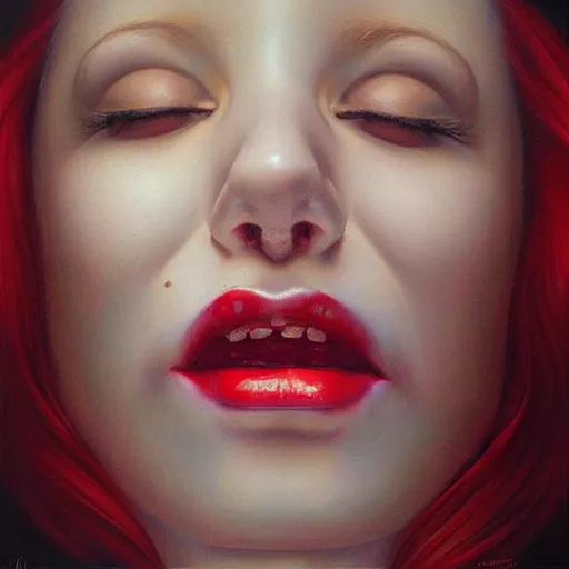 Image similar to “ hyperrealistic portrait of a beautiful woman, pale skin, red lips, tongue licking lips, drenched in honey by mike dargas ”