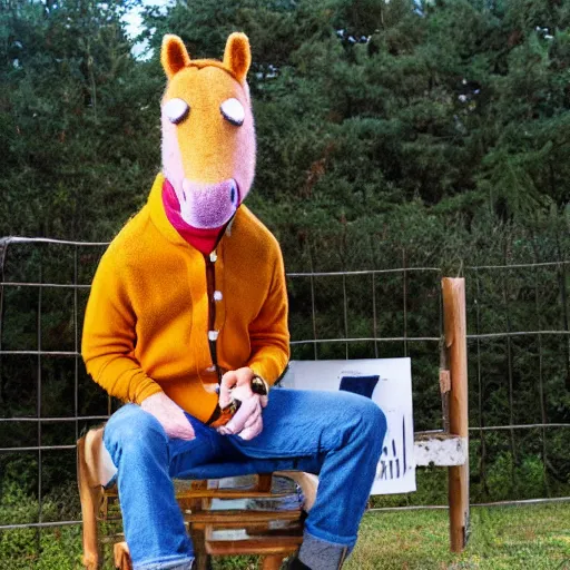 Prompt: Bojack Horseman in real life, A horse wearing a cardigan and jeans, photo