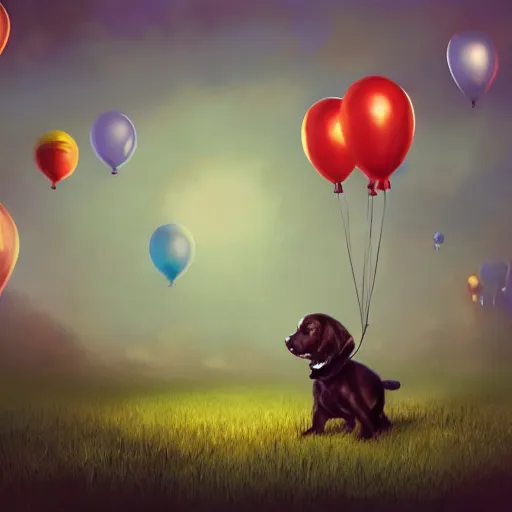 Image similar to puppy flying holding balloons, 8k, fantasy, intricate, cinematic lighting, highly detailed, digital painting, artstation, concept art, smooth, sharp focus, illustration, by Pixar