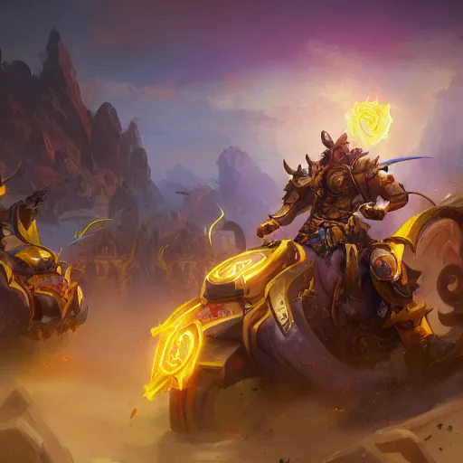 Image similar to a golden battle chariots, yellow magic theme, bright art masterpiece artstation. 8 k, sharp high quality artwork in style of jose daniel cabrera pena and greg rutkowski, concept art by tooth wu, blizzard warcraft artwork, hearthstone card game artwork, cart wheels