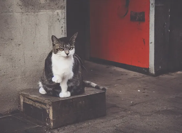 Image similar to photography of a Cat sitting on a box. in a cyberpunk street, award winning photo, colors, 100mm, sharp, high res